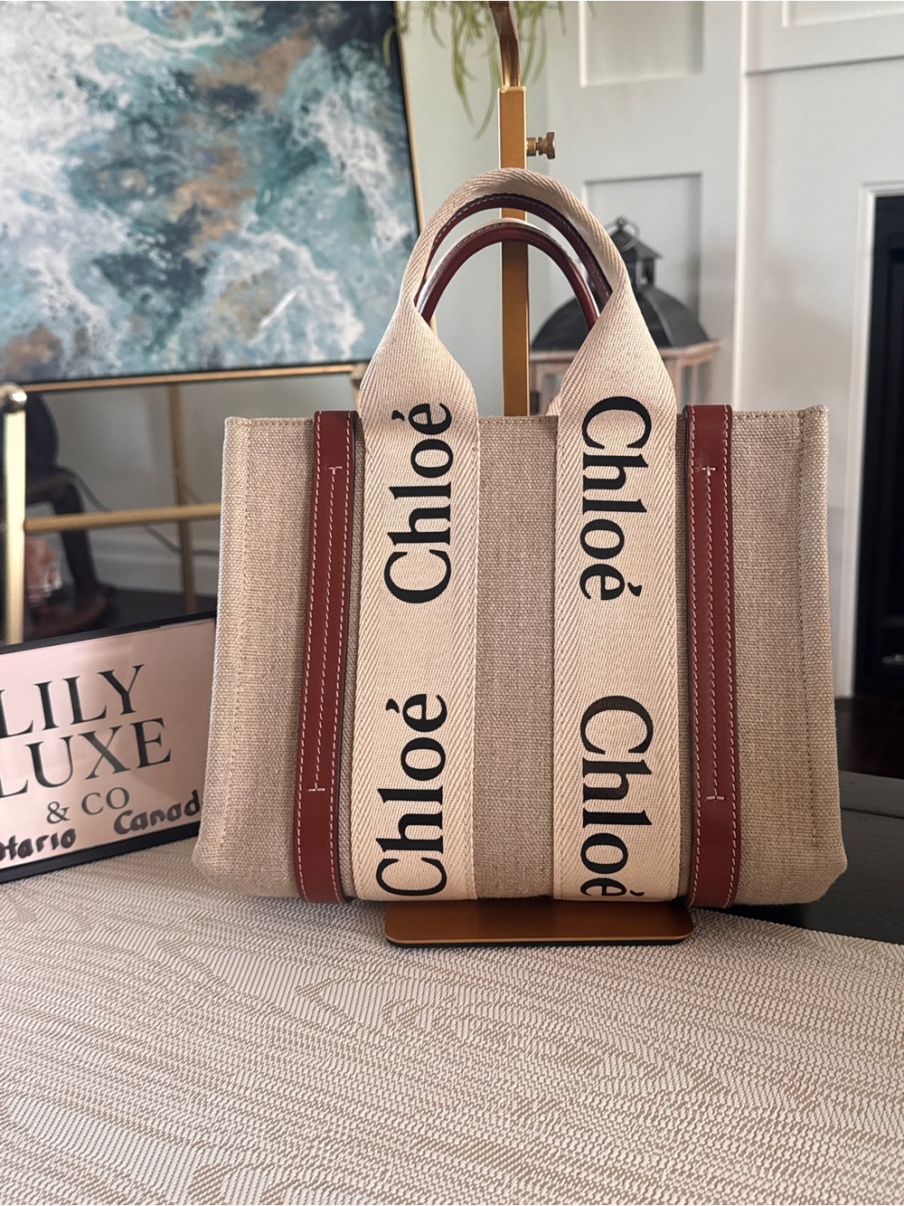 Beige Canvas Woody Small Tote with Brown Trim